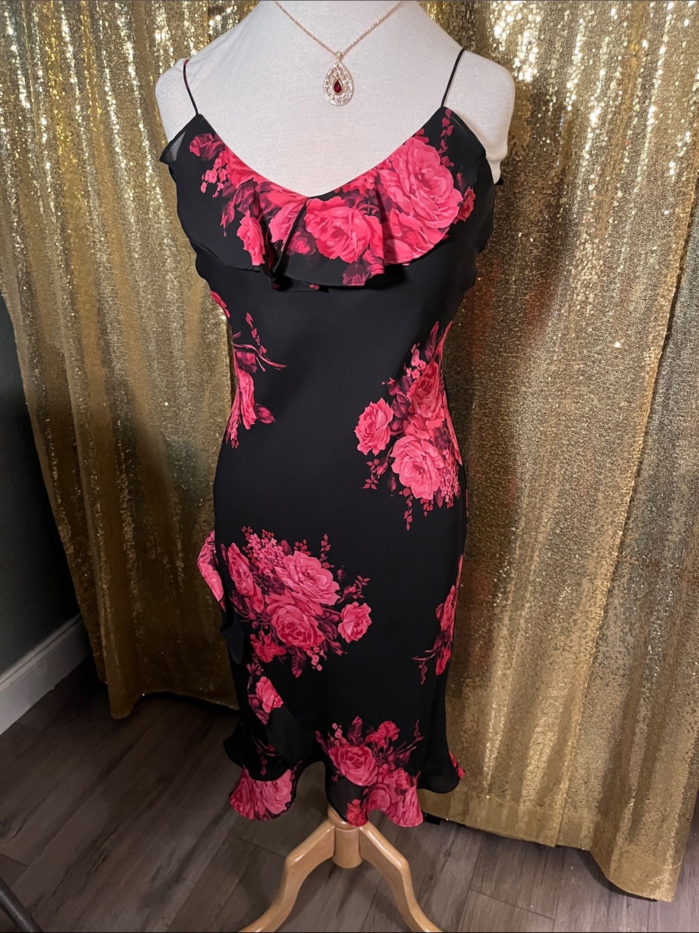 Express Black Midi Slip Dress with Pink Floral Ruffle